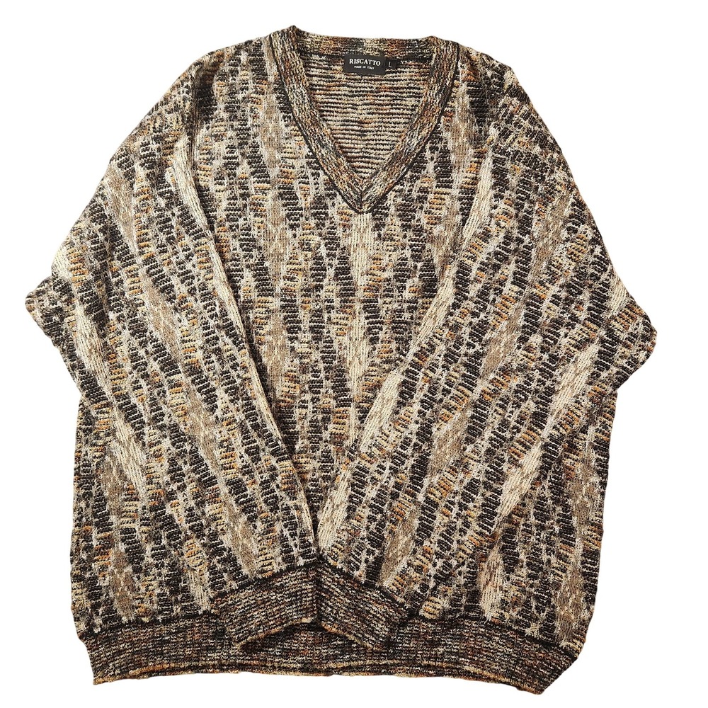 Riscatto Sweater Mens Large Brown Multi Color V‎ Neck Knit Made Italy Textured